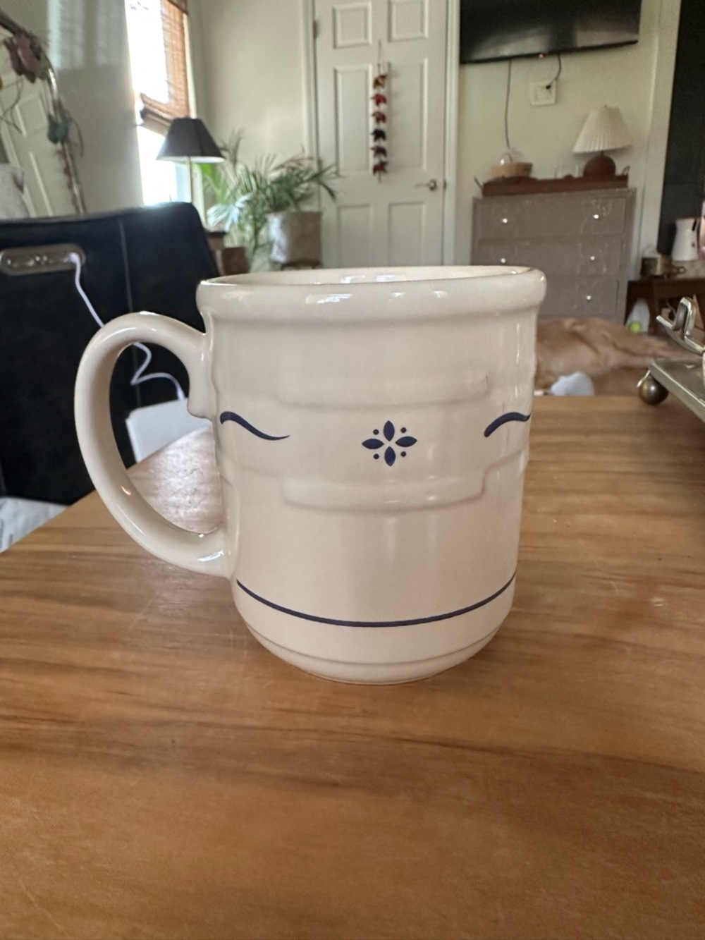 Longaberger Cream and Navy Stoneware Mug with Floral Accent